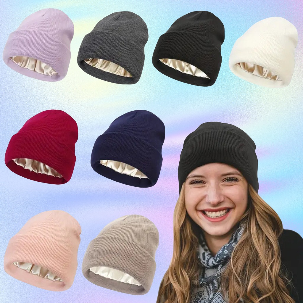 Beanie Cuffed Knit - 男女兼用サテン裏地付き静電気防止ビーニー帽、女性用冬用シルク裏地付きゆったり暖かいカフ付きスカルキャップ、2層ヘアカバー、スリープキャップ