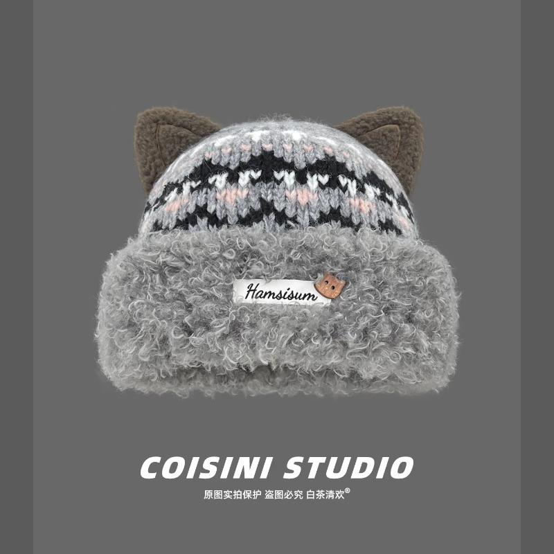 かわいい猫耳が付いた、フェア・アイル柄のジャカード織りの冬用 - Beanie Cuffed Knit のレビューと価格