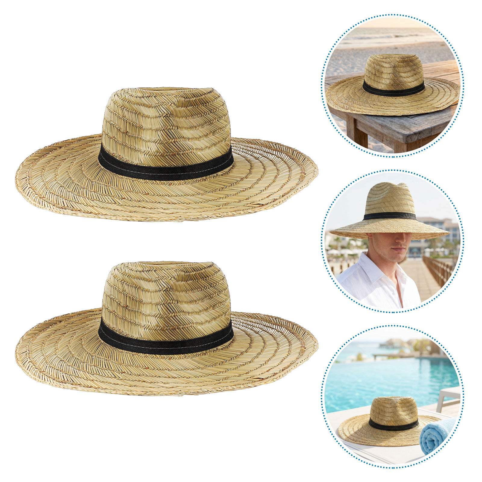 つば広の麦わら帽子2枚セット。男性用、大きめのサイズで、屋外 - Cowboy Hat Straw のレビューと価格